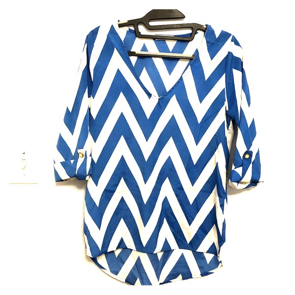 Everly Tops - Blue and White Chevron Top Blouse Small by Everly